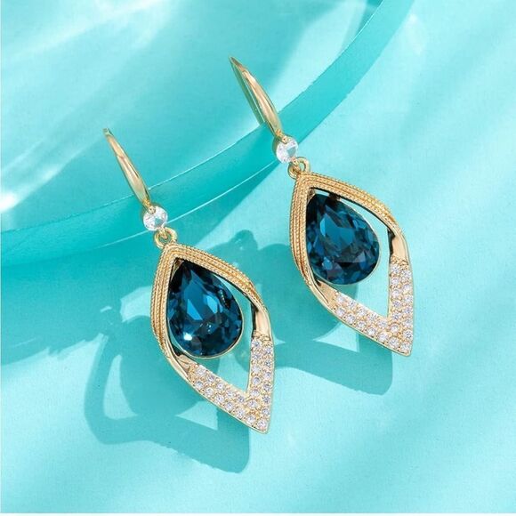 14K Yellow Gold with London Blue Topaz Austrian Crystal Leaf Teardrop Earrings - Picture 2 of 7